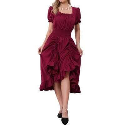 Inspire Chic Women's Smocked Waist Ruffle Hem A-Line Midi Dress