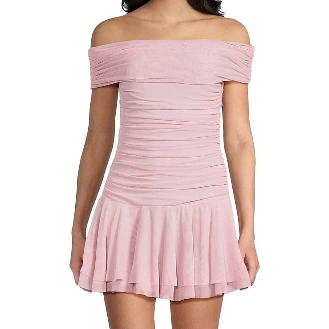 Womens Juniors Nia Silverlake Off The Shoulder Mesh Minidress