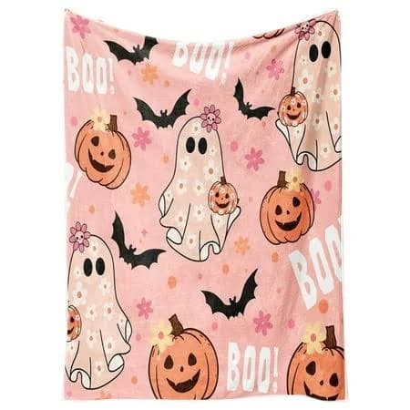 Wmgha Halloween Flannel Throw Blanket Ghost, Bat & Pumpkin Pattern Halloween Blanket Halloween Throw Blanket Super Soft Cozy and Plush for Couch and