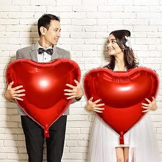 4 Pcs 32 Inch Big Red Heart Foil Balloons, Jumbo Heart Shaped Balloons for Valentine's Day, Wedding, Engagement, Anniversary, Proposal, Party Decorations, Self Sealing
