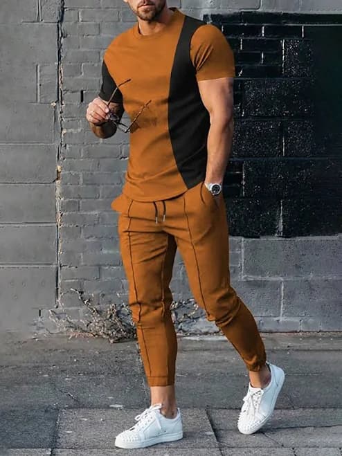 Men's Casual Regular Fit Round Neck Colorblock T-Shirt Sweatpants Set