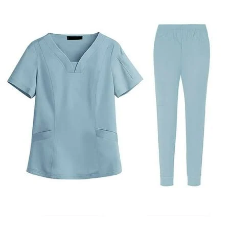 woshimeinv Women Scrubs Setst Solid Color V-Neck Short Sleeve Long Pants Nurse Uniform with Pockets