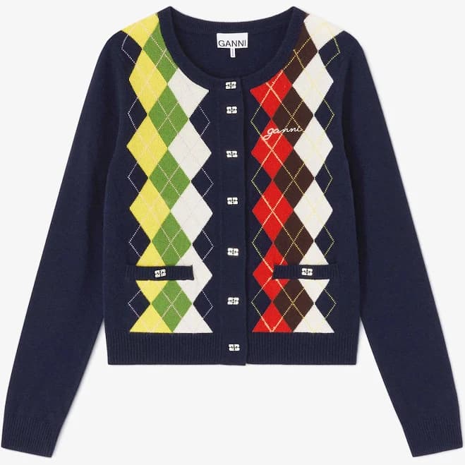 Ganni Women's Argyle Print Wool Cardigan