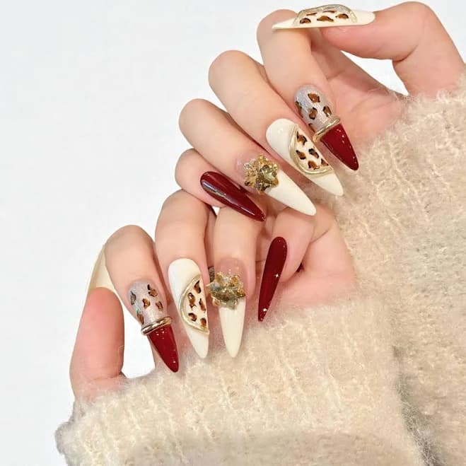 Valentine Press On Nails | Red & Cream Leopard Stiletto Nails | Luxury Heart Accent Fake Nails