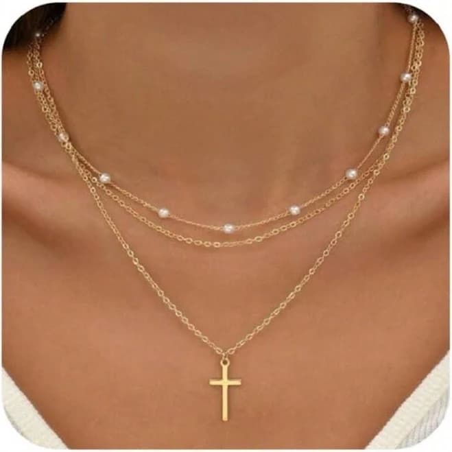 Dainty Gold Pearl Cross Necklace