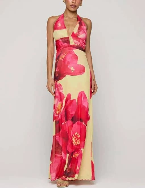 Womens Halter Floral Maxi Dress Deep V Neck Backless Bodycon Long Dresses Y2k Formal Cocktail Going Out Beachwear
