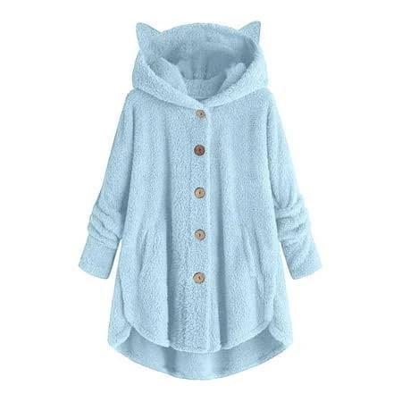 Shishine Women's Fuzzy Cat Ear Hooded Coat Casual Button Down Long Sleeve Oversized Sherpa Jacket with Pockets for Winter, Size: 2XL, Blue