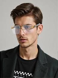 Bsreyeop Square Aviator Sunglasses for Women Men Half Frame Vintage Diamond Cutting Lens Classic Gradient Shades (Pattern Frame/Clear Lens E4) at Amazon Men's Clothing store