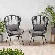 2-Piece Rattan Woven Outdoor Lounge Chair, Black Metal Frame, Mix and Match, with Grey Cushions