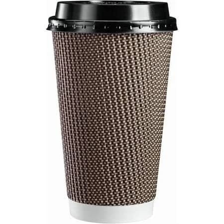 Comfy Package 16 oz. Insulated Brown Patterned Ripple Paper Hot Coffee Cups with Lids