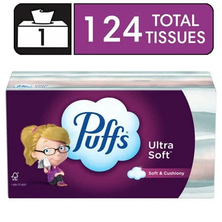 Puffs Ultra Soft Facial Tissues, 1 Family Size Box, 124 Facial Tissues Per Box, Size: 1 Family Box, White