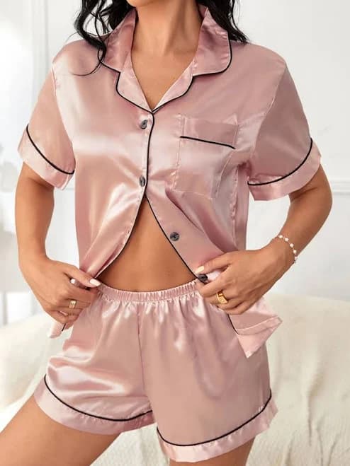 Women's Satin Pajama Set with Piping Pocket
