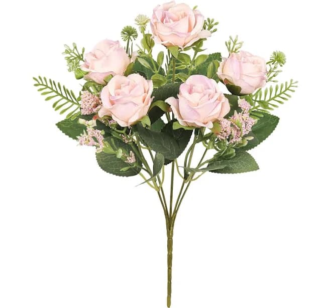 Petite Pink Cream Artificial Rose Flower Stem Bush Bouquet