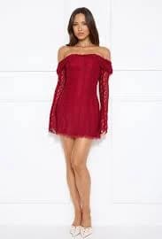 Secret Smile Lace Off Shoulder Mini Dress Burgundy