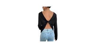 Verdusa Women's Twist Backless Solid Long Sleeve Open Back Tee Shirt Top at Amazon Women's Clothing store