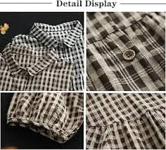 Korean Style Summer Shirt Women's Retro Cotton Linen Checkered Shirt Women's Loose Casual Short Sleeved top (Blue,M) at Amazon Women's Clothing store