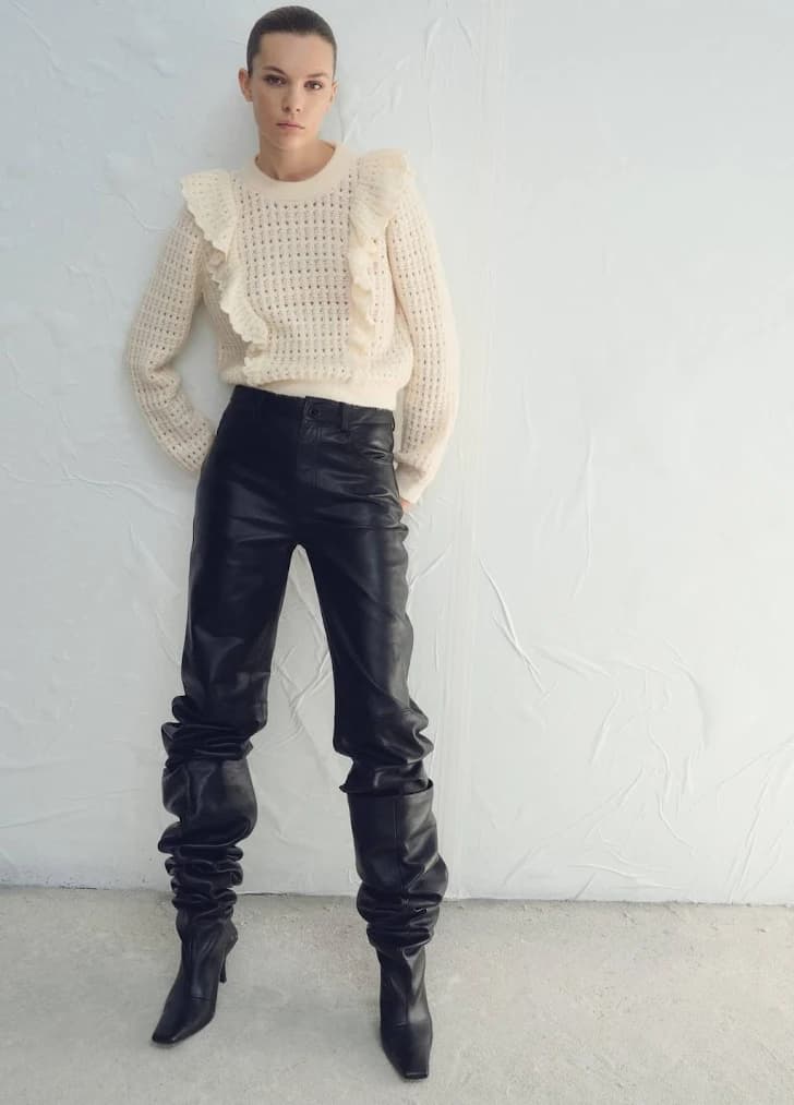 MANGO Women's Openwork Knitted Sweater with Ruffles