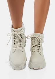 Vegan Leather Sparkly Padded Ankle Band Platform Combat Boots Beige – Dolls Kill