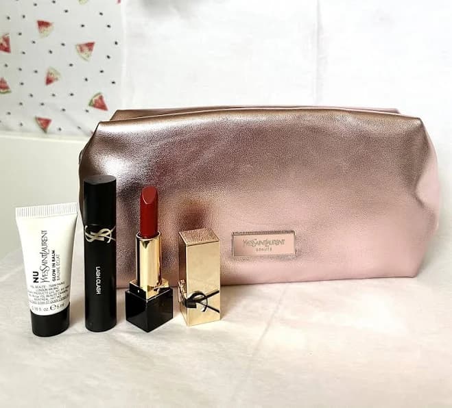 YSL Beaute Metallic Pink Makeup Bag/Mascara/Lipstick & Nu Glow In Balm