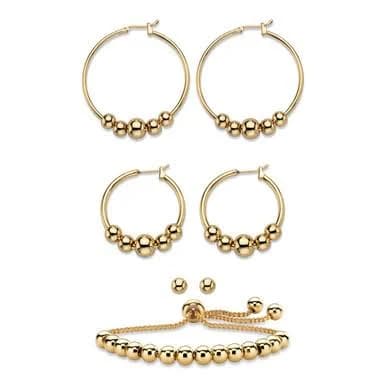 PalmBeach Jewelry 4-Piece Beaded Hoop Earrings, Ball Studs, and Slider Bracelet Set