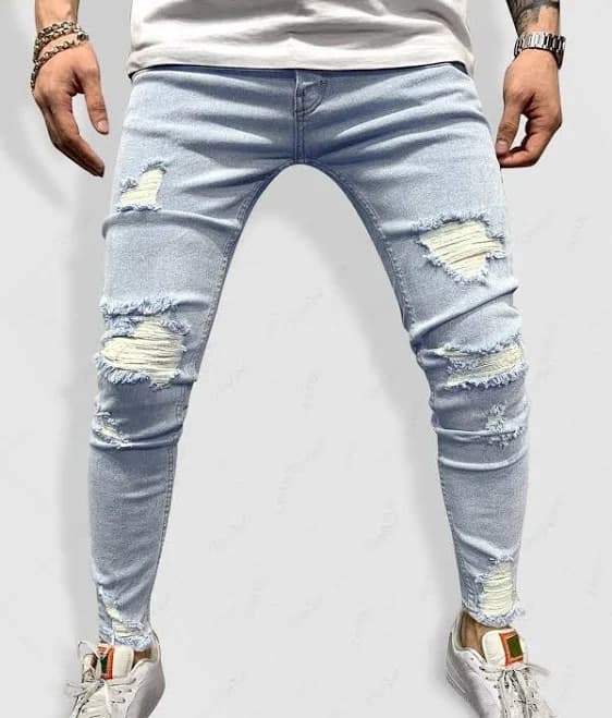 Men's Mid-Waisted Destroyed Frayed Jeans
