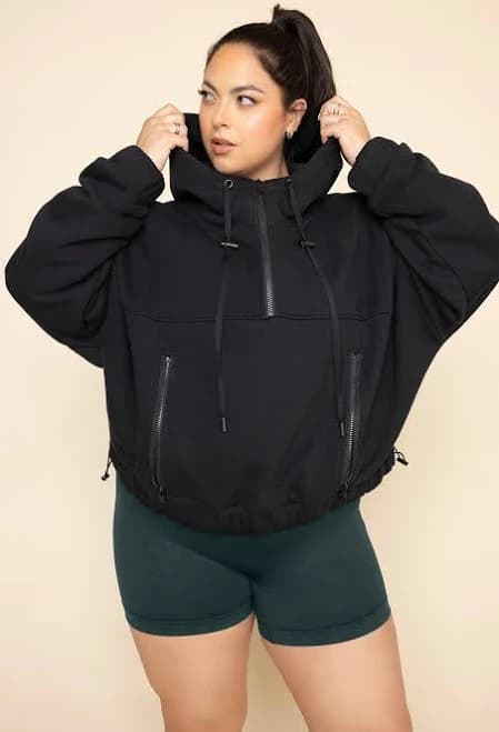 Half Zip Warm Up Hoodie Black Cozy Workout Hoodie With Pockets for Women