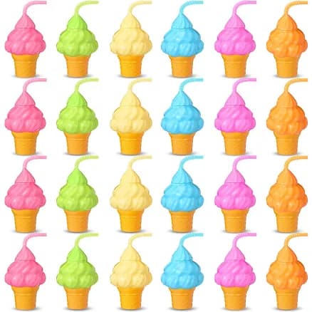 Mifoci 24 Sets Summer Ice Cream Party Favor Cups 10 oz with Lids and Straws Plastic Ice Cream Cone Cups Gifts for Girls Boys Hawaii Birthday Baby