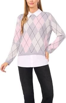CeCe Women's Argyle Wool-Blend Twofer Sweater