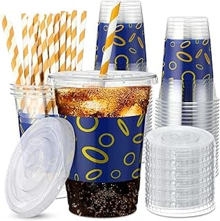 Baderke 50 Set Theme Party Favors, Blue Gold Ring Disposable Cups with Lids and Straws, 12 oz Plastic Game Theme Cups for Kids Birthday Party Supplies