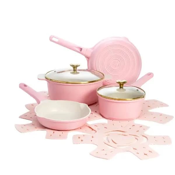 Paris Hilton Clean Ceramic Nonstick Cast Aluminum Cookware Set with Heart Shaped Lid Knobs