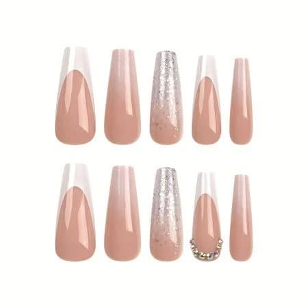 24pcs Long Coffin Fake Nails White Nude French Classic Glue on Nails Set for Women Girls,Acrylic Shine Glossy Stick on Nails for Office Daily Wedding,