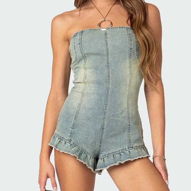 Edikted Women's Winnie Washed Denim Romper