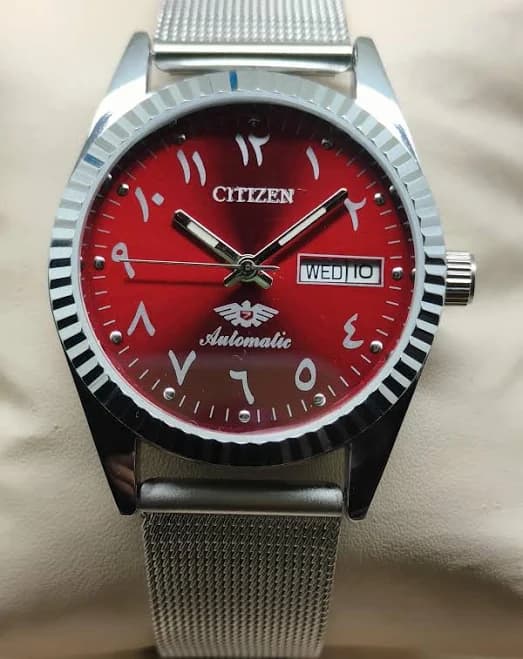 Citizen Automatic Men's Watch Red Dial, Arabic Numerals, Day-Date, Mesh Strap
