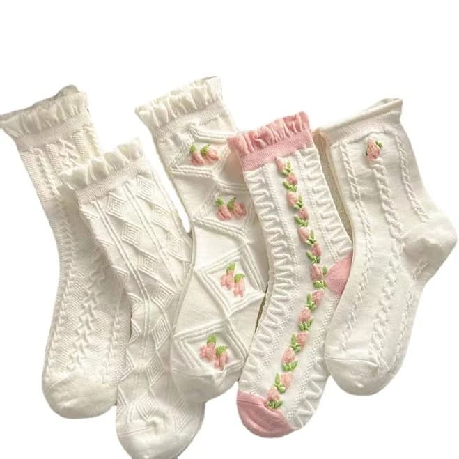Donloise Fairycore Floral Embossed Crimped Elastic Ankle Socks (5
