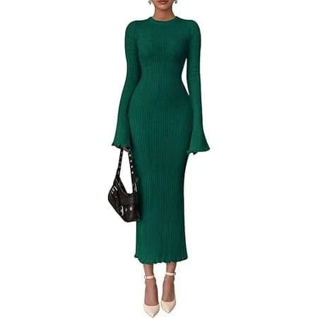 Prettygarden Women's Bell Long Sleeve Ribbed Knit Maxi Dress