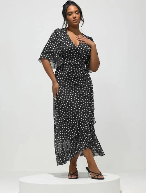 Yours Curve London Polka Dot Mesh Wrap Ruffle Dress