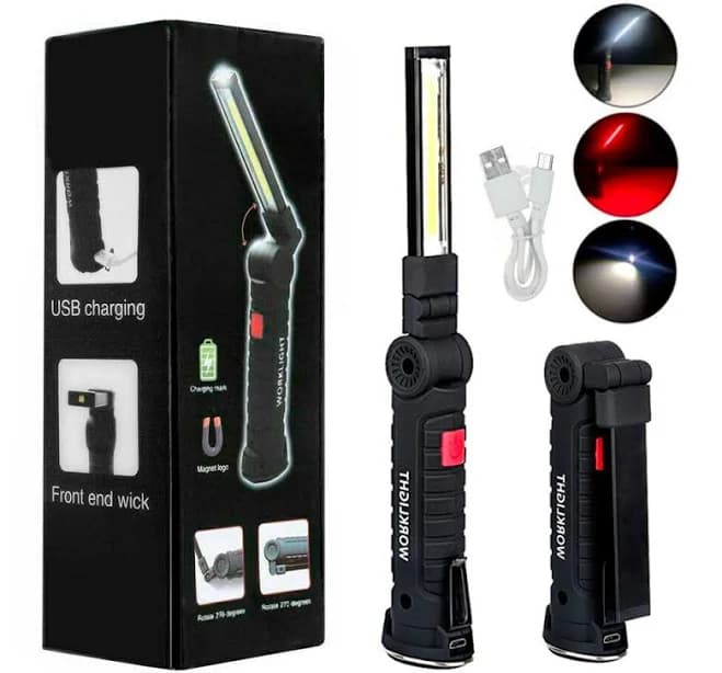 Magnetic Rechargeable COB LED RED Work Light Lamp Flashlight Folding Torch, 5V, Battery Powered | Black | Plastic