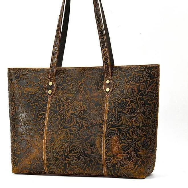 Handcrafted Embossed Leather Flower Tote Bag
