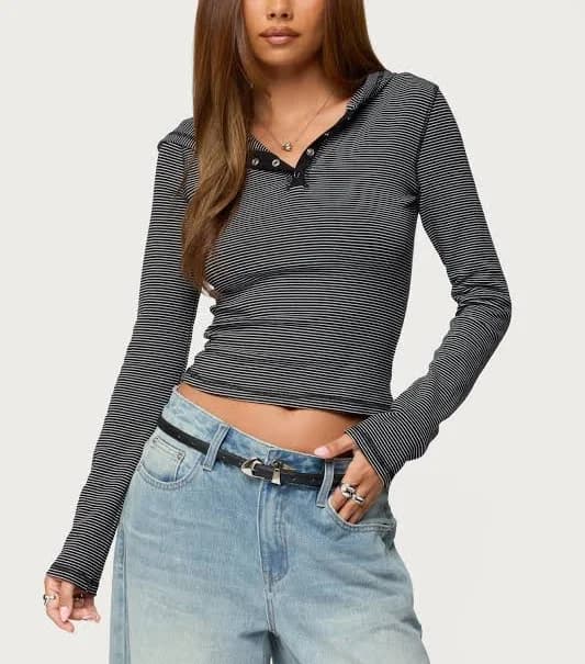 Edikted Women's Damson Striped Hooded Henley Top