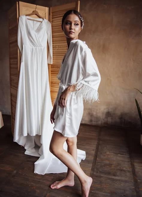Satin Robe with Ostrich Feather Sleeves