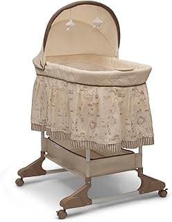 Delta Children Portable Rocking Bassinet for Newborns Bedside Sleeper Crib with Gentle Vibrations, Nightlight, Soothing Music, Adjustable Canopy, Plush Toys, Storage Basket, Baby Essentials