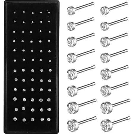 60pcs Nose Studs for Women Silver Surgical Stainless Steel Nose Piercing Jewellery Small Straight Nose Stud Diamond Tiny Nose Stud Ring 1.5/2.0/2.5mm,