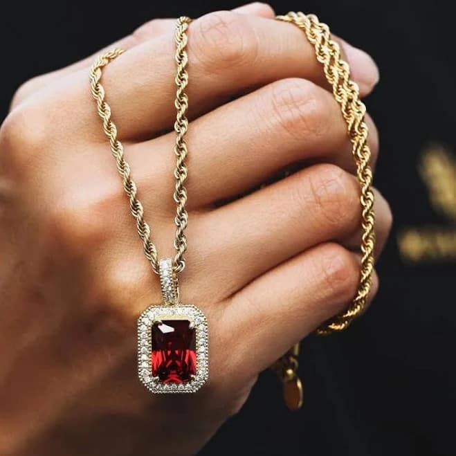 14K Gold Iced Ruby Cube Pendant with Rope Chain
