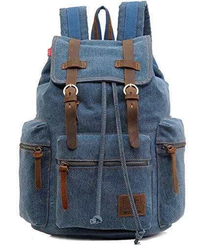 Canvas Backpack,travel Leather Rucksack For Men Women Medium Blue