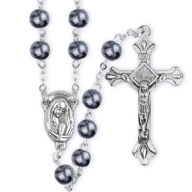 6mm Black Painted Glass Bead Rosary with Crucifix and Madonna Center