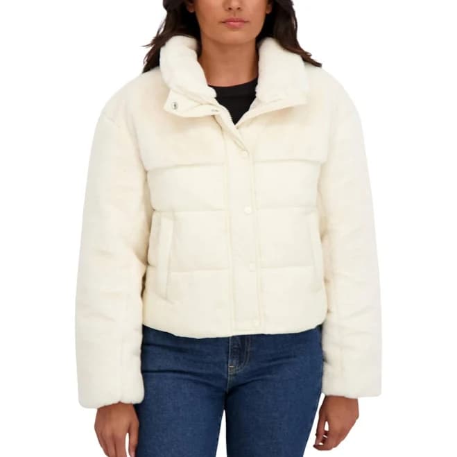 Sebby Women's Faux Fur Mixed Media Puffer Jacket