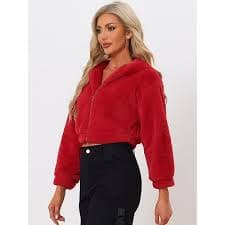 Women's Casual Faux Fur Coat Zip Up Hooded Cropped Fuzzy Fleece Jacket
