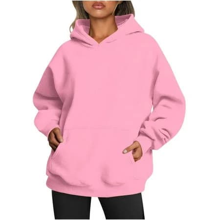 jewelreauty Oversized Hoodies with Pocket Women Cotton Plain Pullover Hooded Sweatshirts Sweater Long Sleeve Fleece Lined Tops