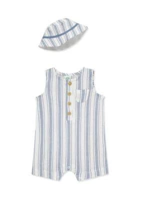 Little Me Baby Boys Striped Gauze Romper & Hat Set
