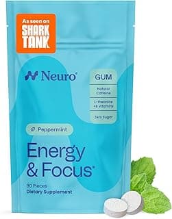 Energy & Focus Gum - 40mg Natural Caffeine Gum & Nootropic Energy Supplement with L-Theanine & B Vitamins - Sugar Free, Vegan - Peppermint, 90ct